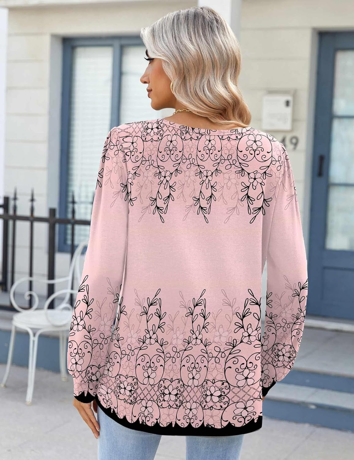 Fall Tops for Women Long Sleeve Button up Shirts Floral Tunics V Neck Pullover Blouse