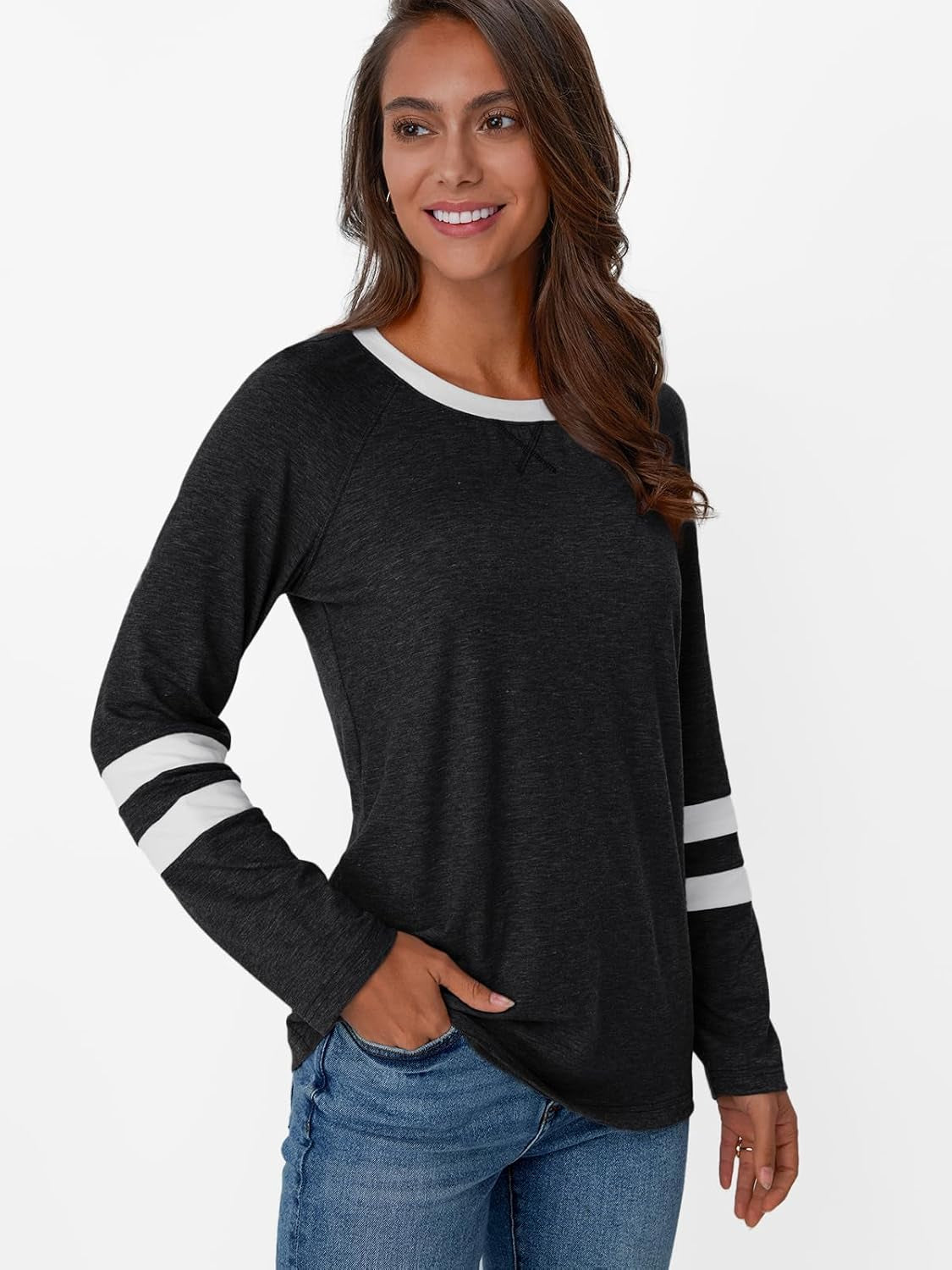 Womens Long Sleeve Shirts Color Block Casual Crewneck Tops Tshirt Basic Tee Fall Fashion Winter Clothing Outfits