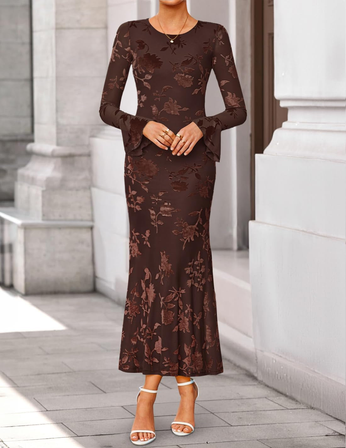 Women'S 2025 Bell Long Sleeve Floral Maxi Dress Fall Fashion Bodycon Mesh Wedding Guest Cocktail Party Dresses