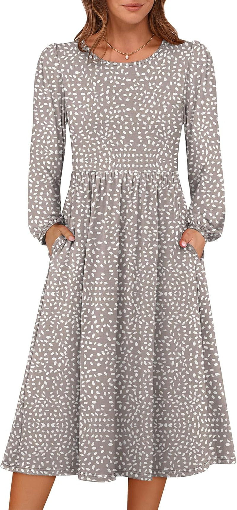 Women Long Sleeve Midi Dress Crewneck 2025 Fall Fashion Casual Flowy A-Line Long Dresses Vacation Outfit with Pocket