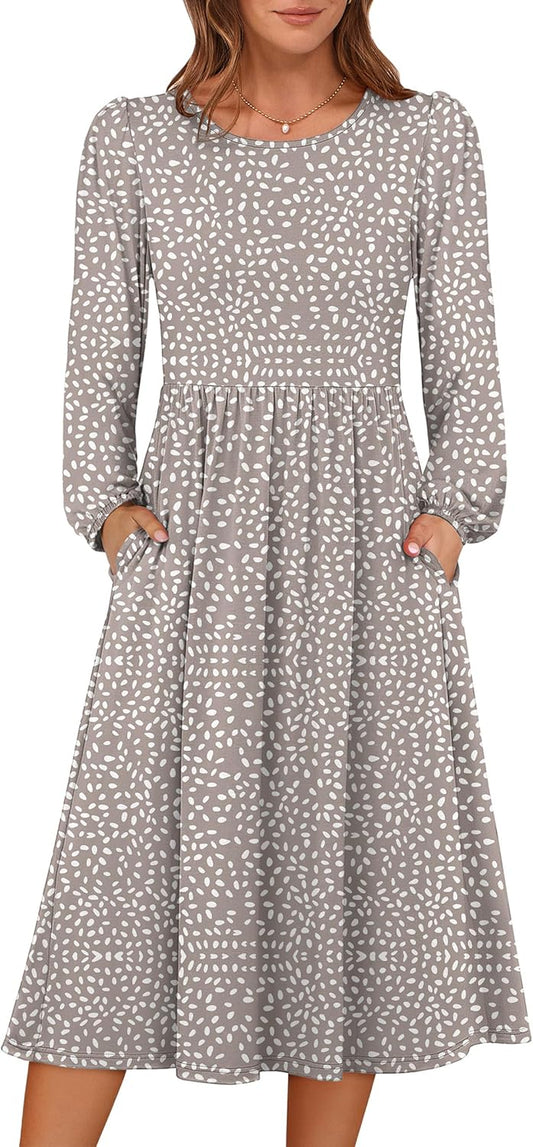 Women Long Sleeve Midi Dress Crewneck 2025 Fall Fashion Casual Flowy A-Line Long Dresses Vacation Outfit with Pocket