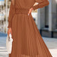 Womens Wrap V Neck Fall Dresses Wedding Guest Casual Pleated Long Sleeve Midi Dress Ruffle Smocked Long Dress