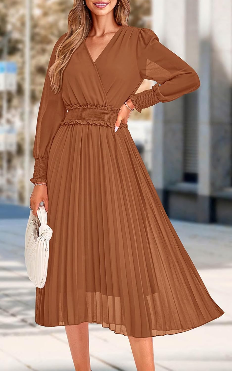 Womens Wrap V Neck Fall Dresses Wedding Guest Casual Pleated Long Sleeve Midi Dress Ruffle Smocked Long Dress