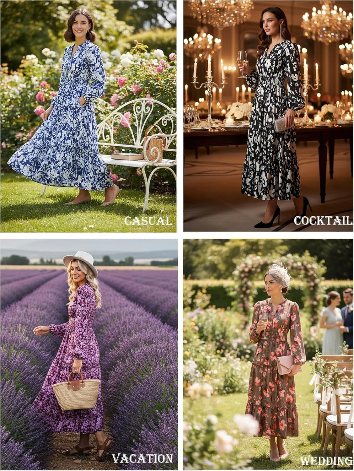 Women Floral Maxi Dress,2025 Fall Long Sleeve Casual Dresses,V Neck Boho Flowy Elegant Dress with Pockets