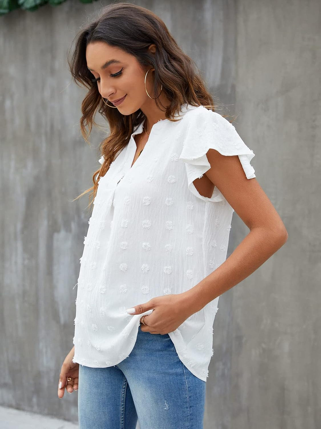 Womens White Blouse V Neck Ruffle Sleeve Flowy Shirts Dressy Casual Cute Summer Tops