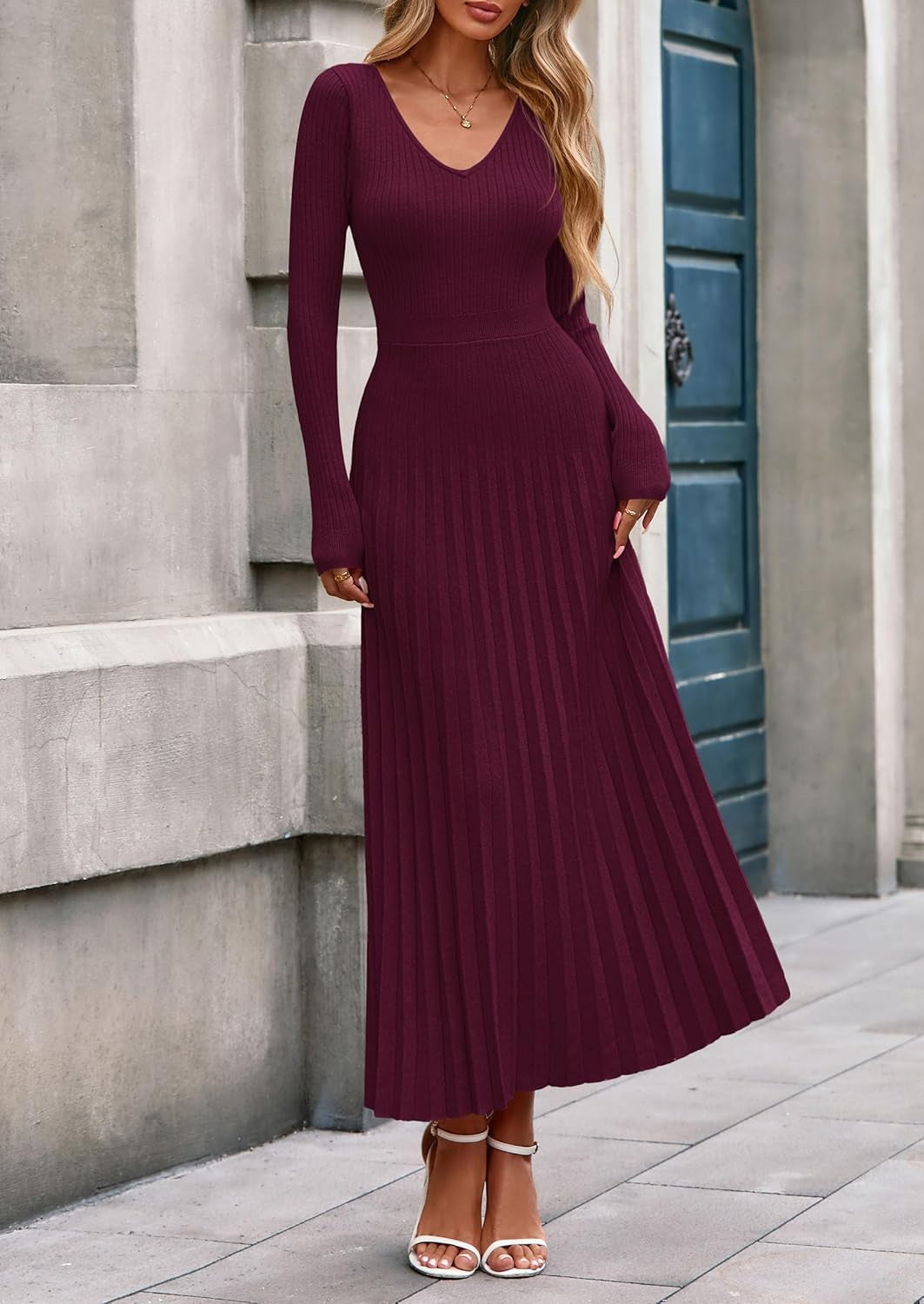 Women Sweater Dress Fall Fashion 2025 Long Sleeve V Neck Ribbed Knit Pleated a Line Elegant Maxi Winter Dresses