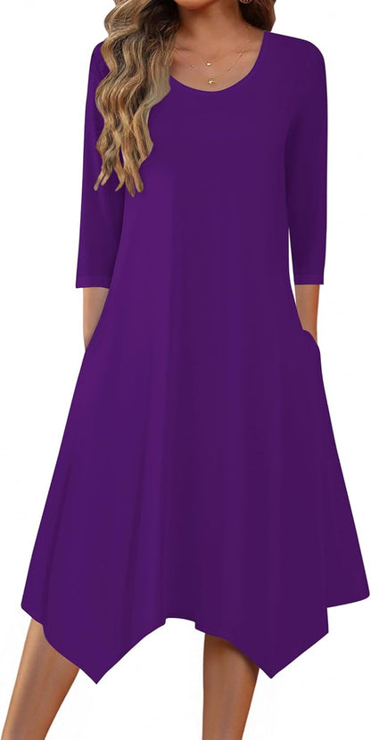 Midi Women 3/4 Sleeve Dress Casual Dresses with Pockets 2025 Fall a Line Dress Elegant Formal Modest Dresses