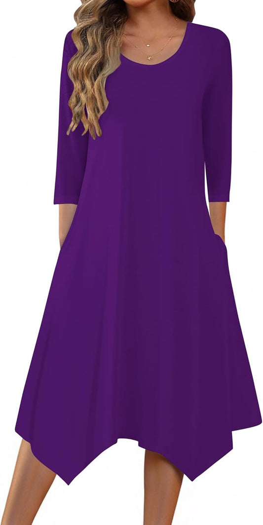 Midi Women 3/4 Sleeve Dress Casual Dresses with Pockets 2025 Fall a Line Dress Elegant Formal Modest Dresses