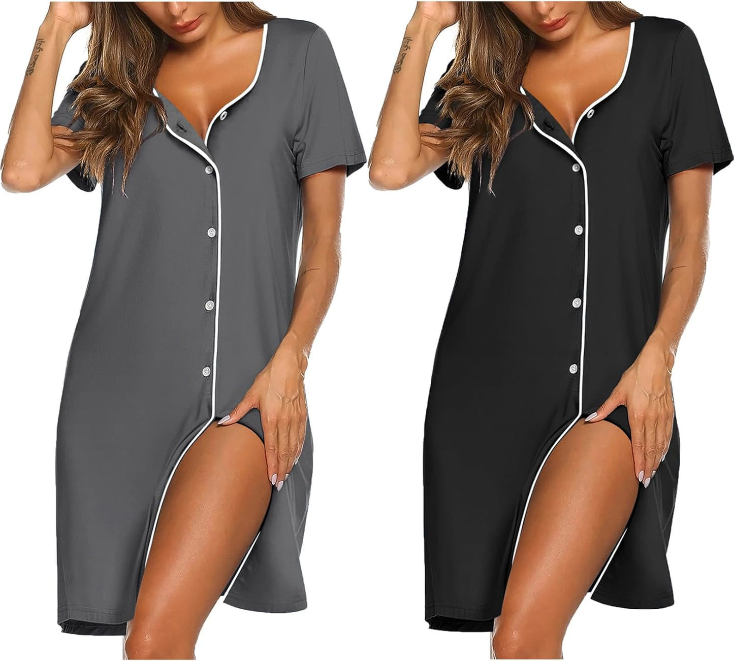 Nightgowns for Women 2 Pack Button down Sleepshirt Short Sleeve Nightshirt Soft Sleepwear V Neck Pajama Dress