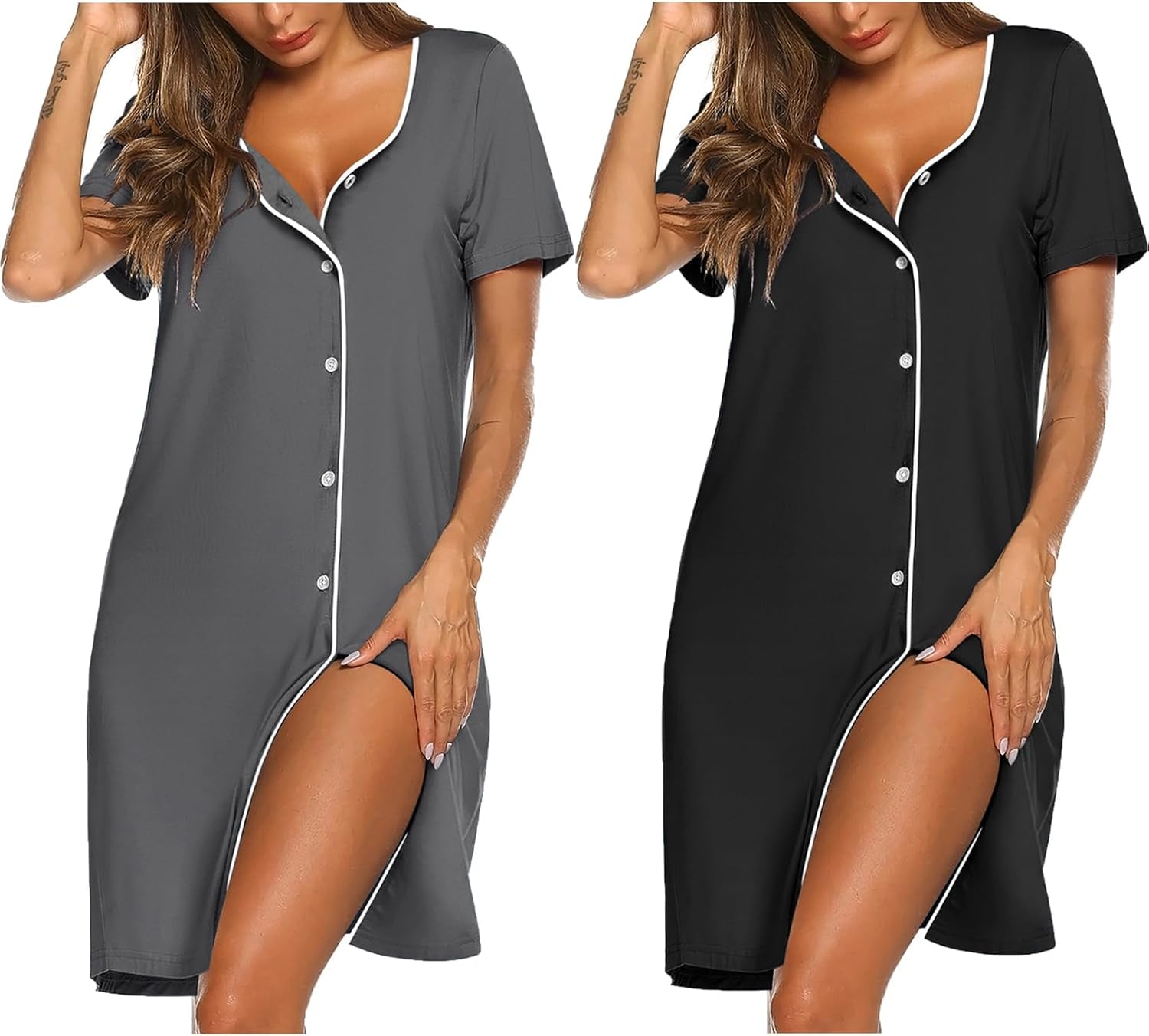 Nightgowns for Women 2 Pack Button down Sleepshirt Short Sleeve Nightshirt Soft Sleepwear V Neck Pajama Dress