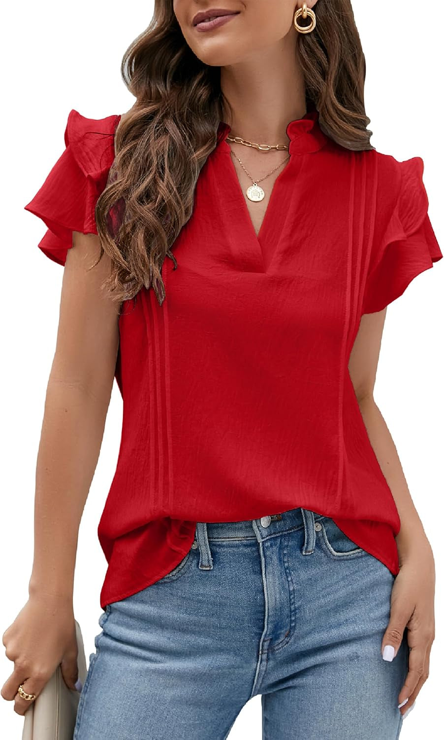 Womens Dressy Casual Tops Ruffle Short Sleeve V Neck Shirts Elegant Business Work Blouse
