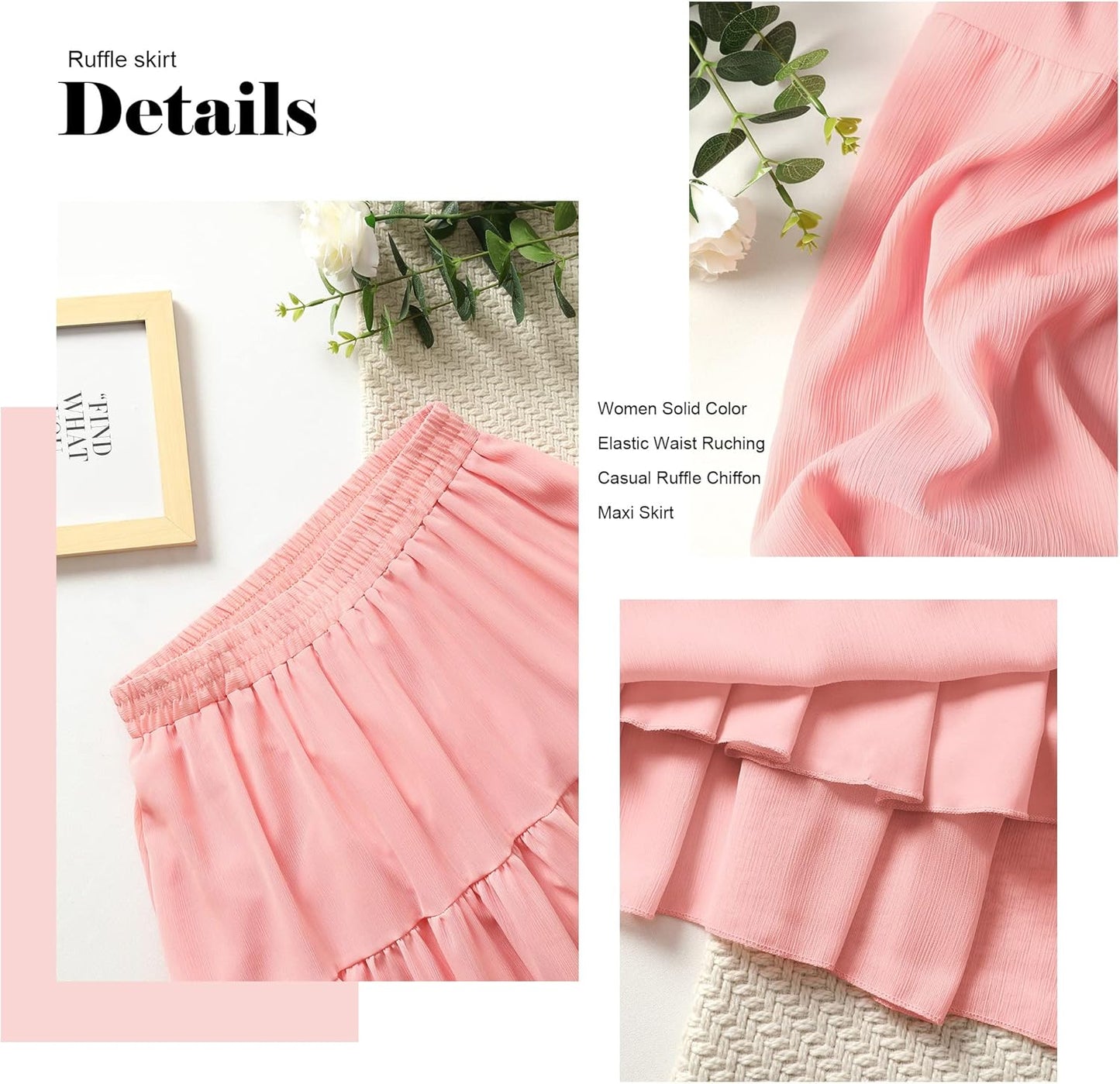 Womens Chiffon Maxi A-Line Skirts Elastic High Waist Ruffle Beach Long Flowy Skirt
