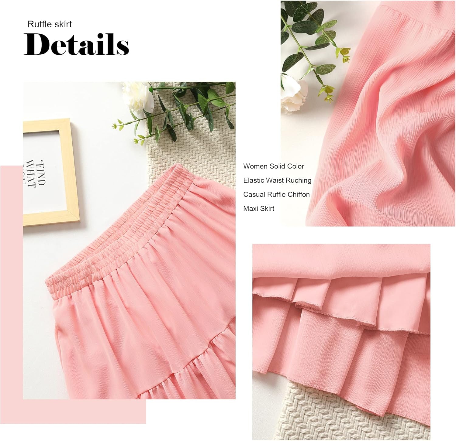 Womens Chiffon Maxi A-Line Skirts Elastic High Waist Ruffle Beach Long Flowy Skirt