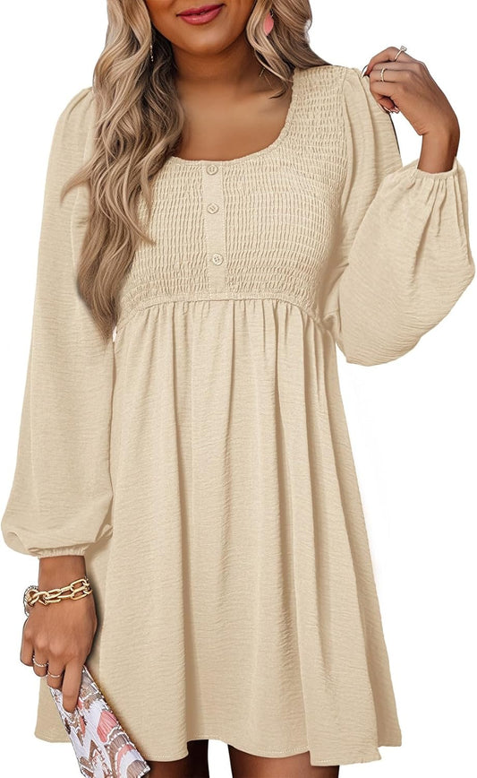 Womens 2025 Casual Dresses Smocked Crewneck Button up Long Sleeve Empire Waist A-Line Mini Dress