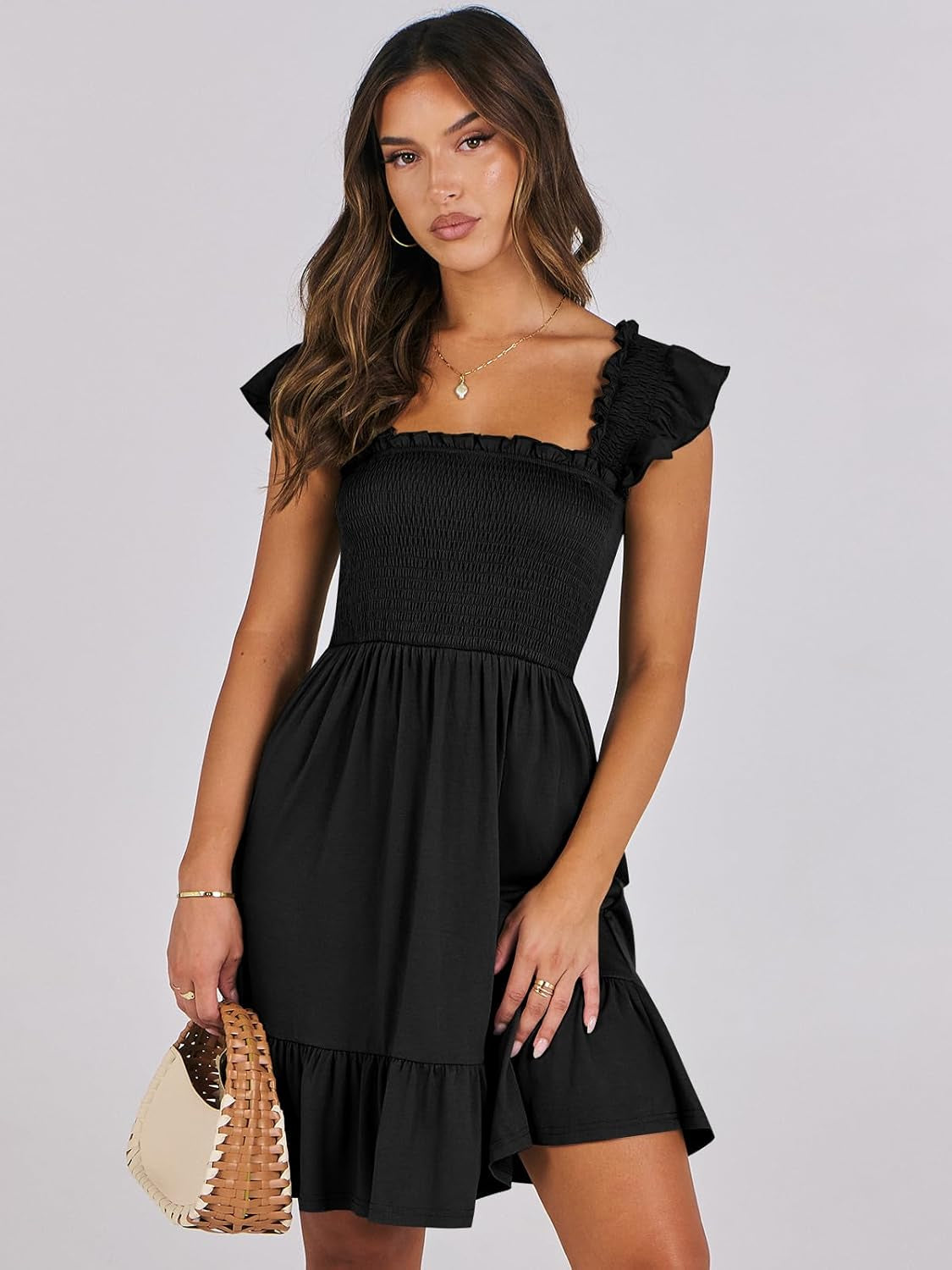 Women'S Summer Casual Sleeveless Square Neck Dress 2025 Smocked Ruffle Backless Boho Beach Cute Teen Short Sundress