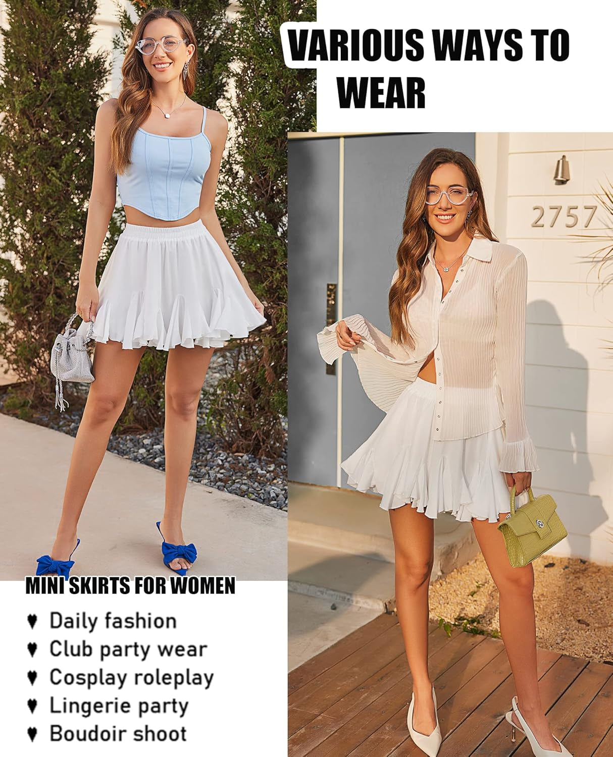 Women'S Pleated Skater Skirt Basic Casual High Waisted Ruffles Flared Mini Lingerie Skirts