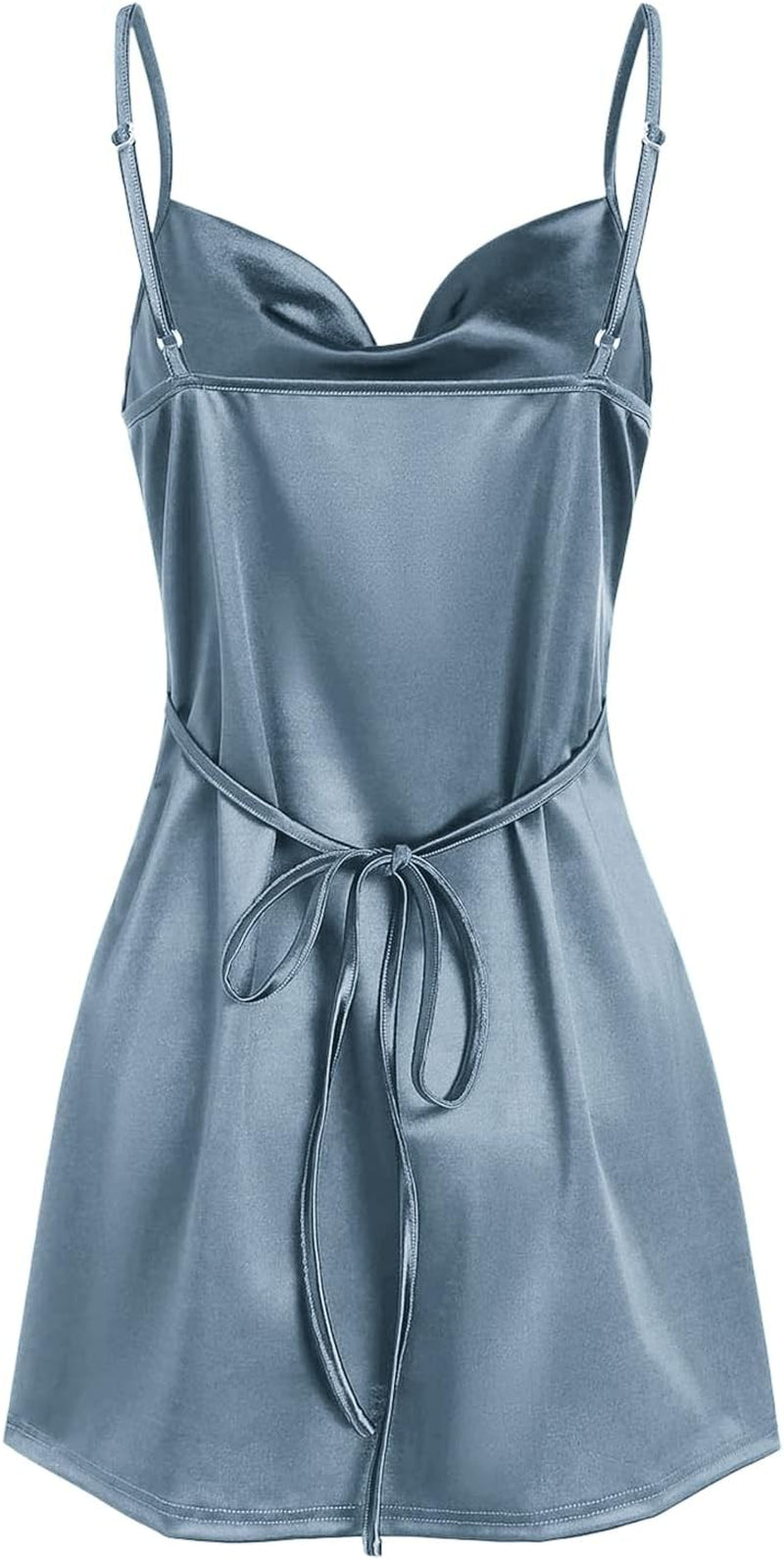 Women'S Satin Sleeveless Spaghetti Strap Mini Dress Sexy Slip Cowl Neck Silky Cocktail Party Dresses
