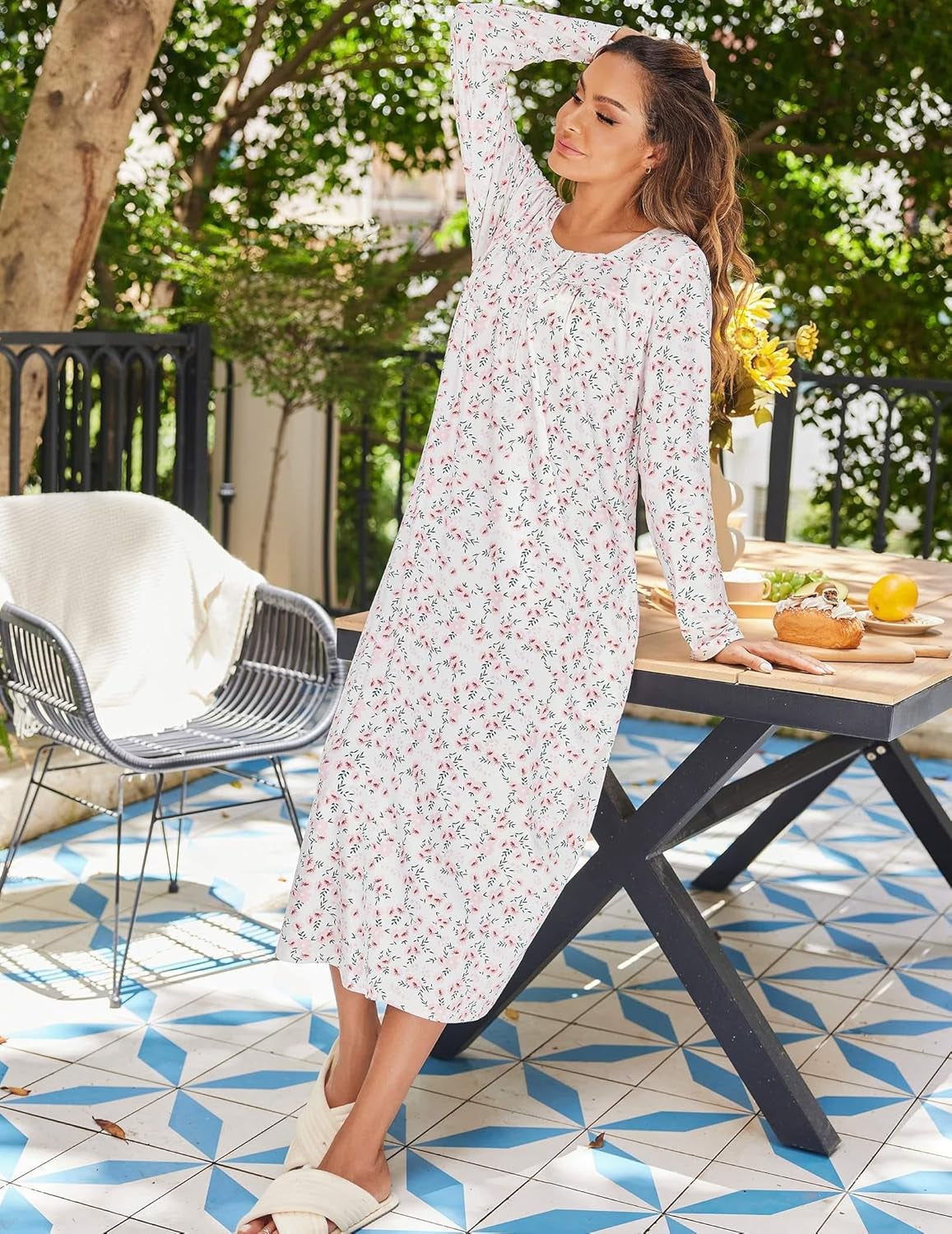 Womens Long Sleeve Nightgowns Long Sleep Shirts Henley Night Shirts Full Length Nightgown