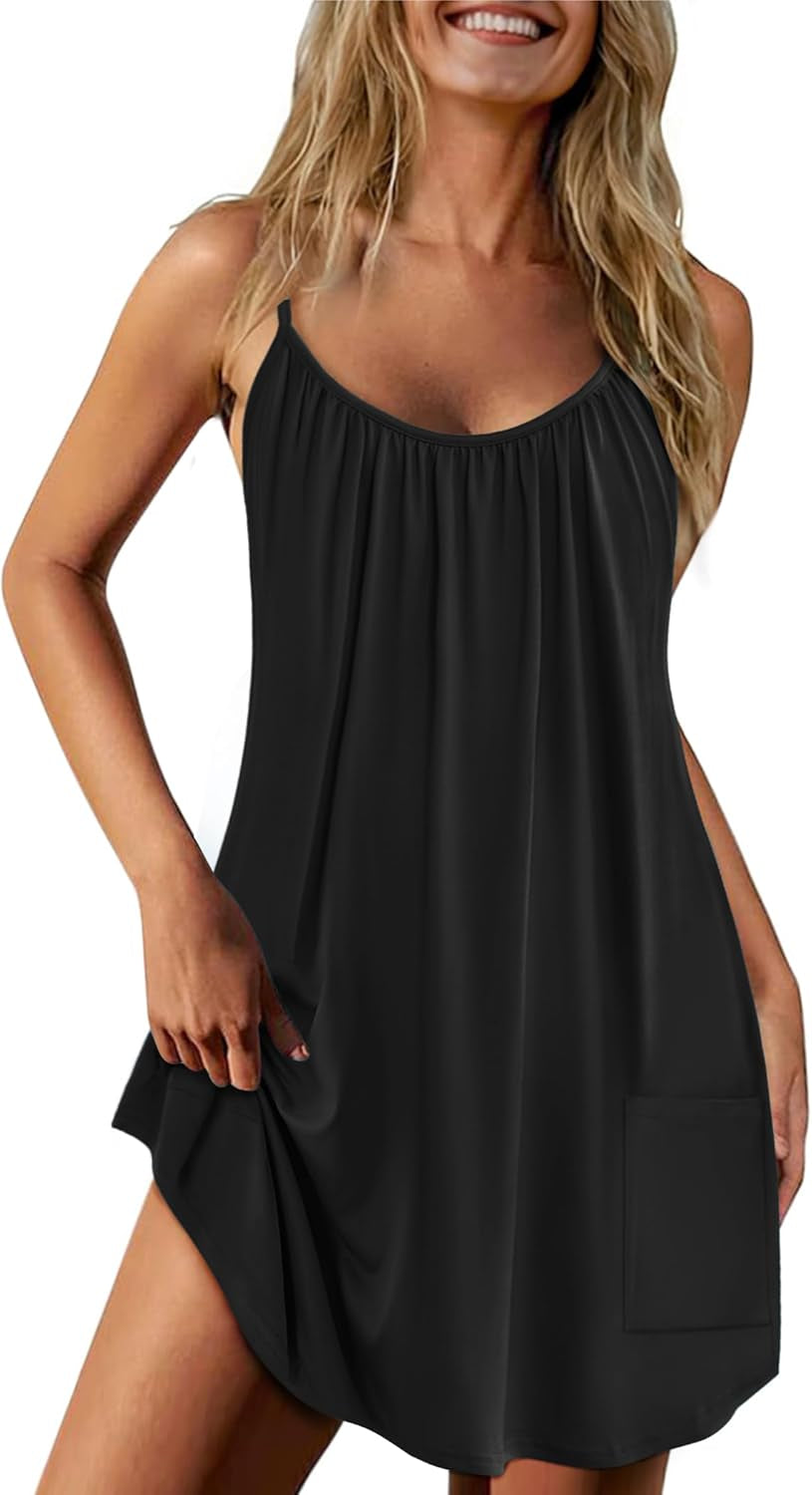 Nightgowns for Women Spaghetti Strap Sleepwear Sleeveless Sleep Dress with Pockets