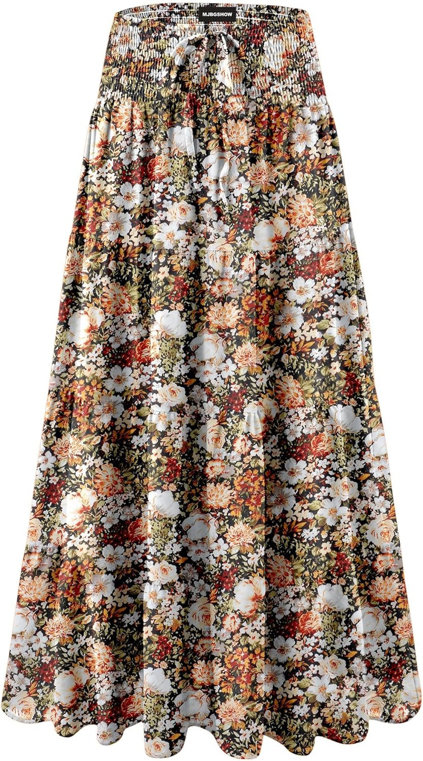 Womens Ruffle Maxi Skirts:High-Waist Elastic Pleated Long Skirt-Summer Casual Boho Flowy Skirts with Drawstring