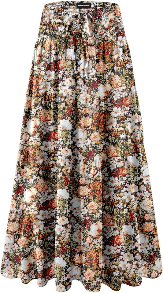 Womens Ruffle Maxi Skirts:High-Waist Elastic Pleated Long Skirt-Summer Casual Boho Flowy Skirts with Drawstring