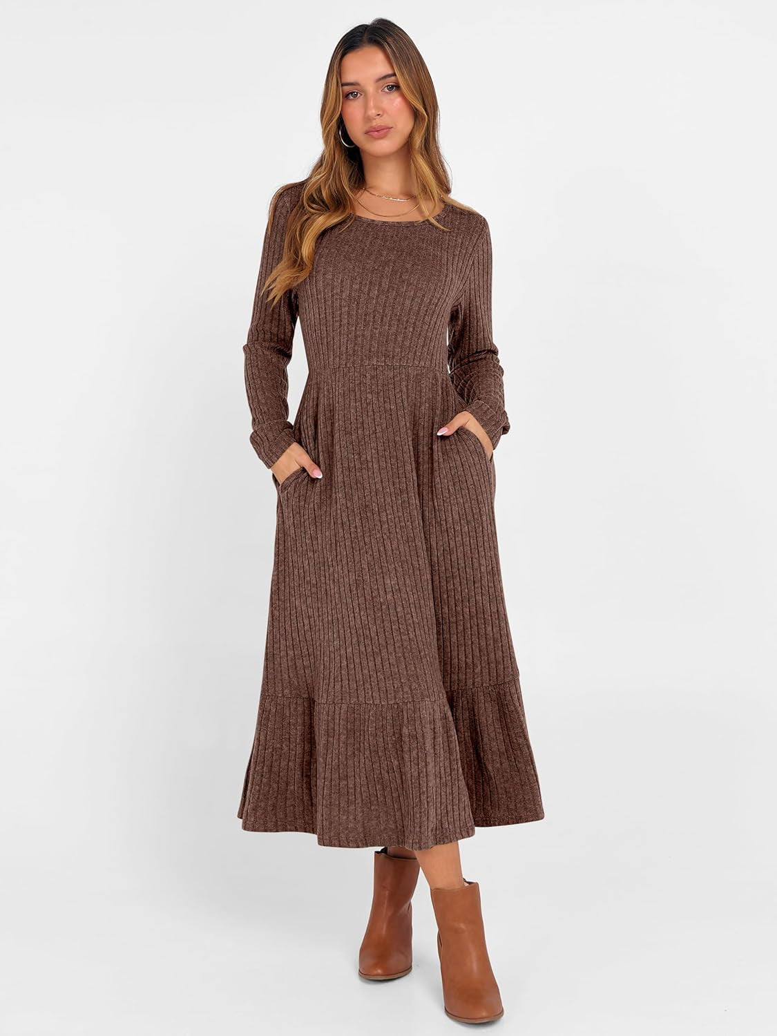 Womens Long Sleeve Midi Dress 2025 Fall Rib Knit Crew Neck a Line Soft Flowy Swing Dresses with Pocket Casual Trendy