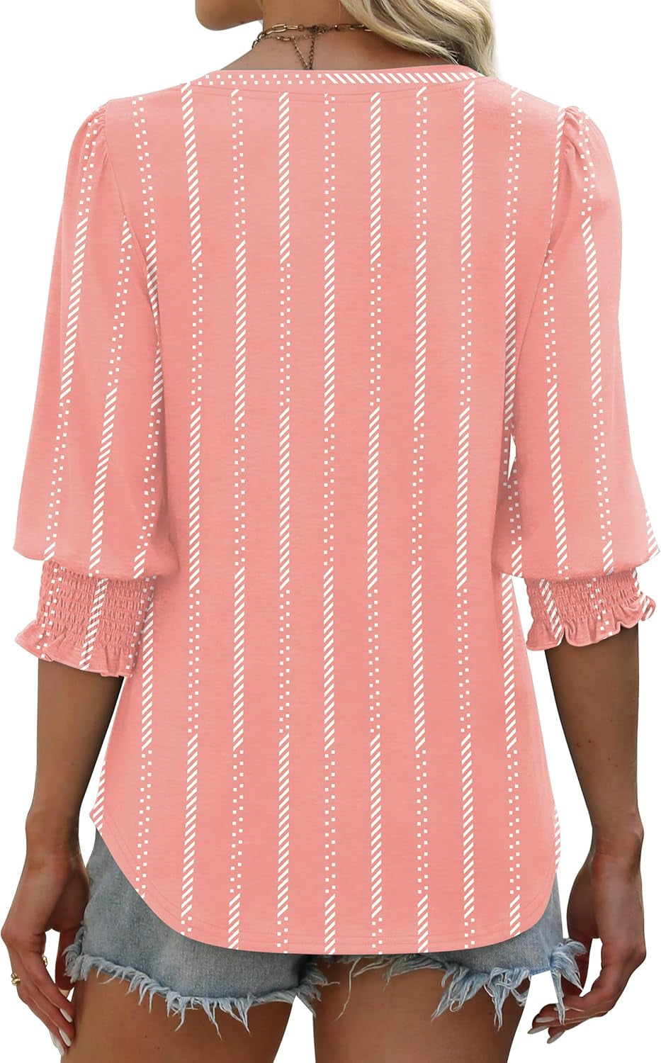 Blouses for Women Dressy Casual 3/4 Length Sleeve Womens Tops V Neck T Shirts with Smocked Cuffs