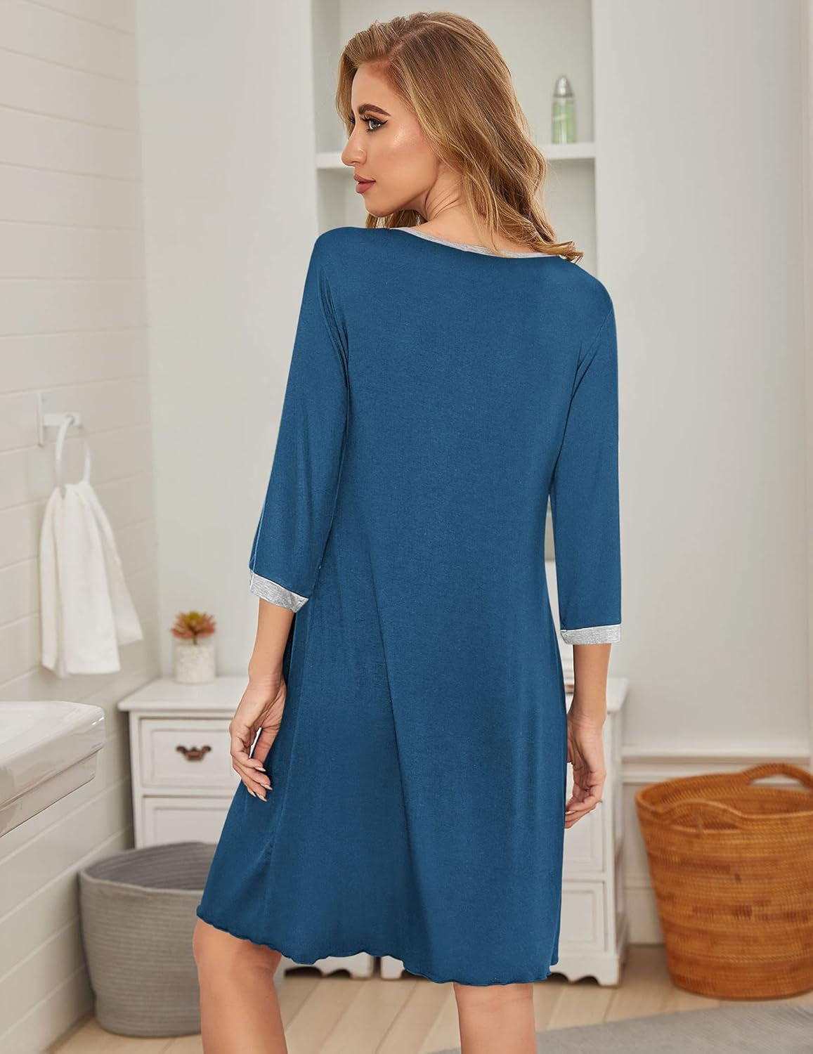 Women'S Pleated Nightgown Soft Sleep Shirt 3/4 Sleeve Pajama Dress Scoopneck Sleep Tee Nightshirt Sleepwear S-3XL
