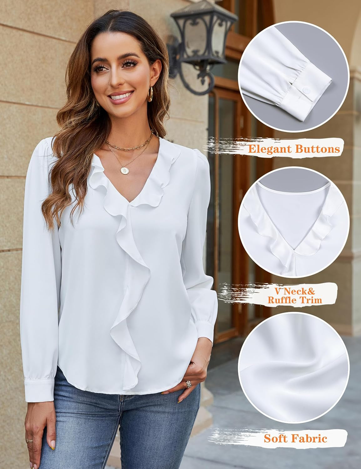 Womens Dressy Casual Blouse Business Long Sleeve Tops Ruffle V Neck Work Shirt Fall Outfit 2025
