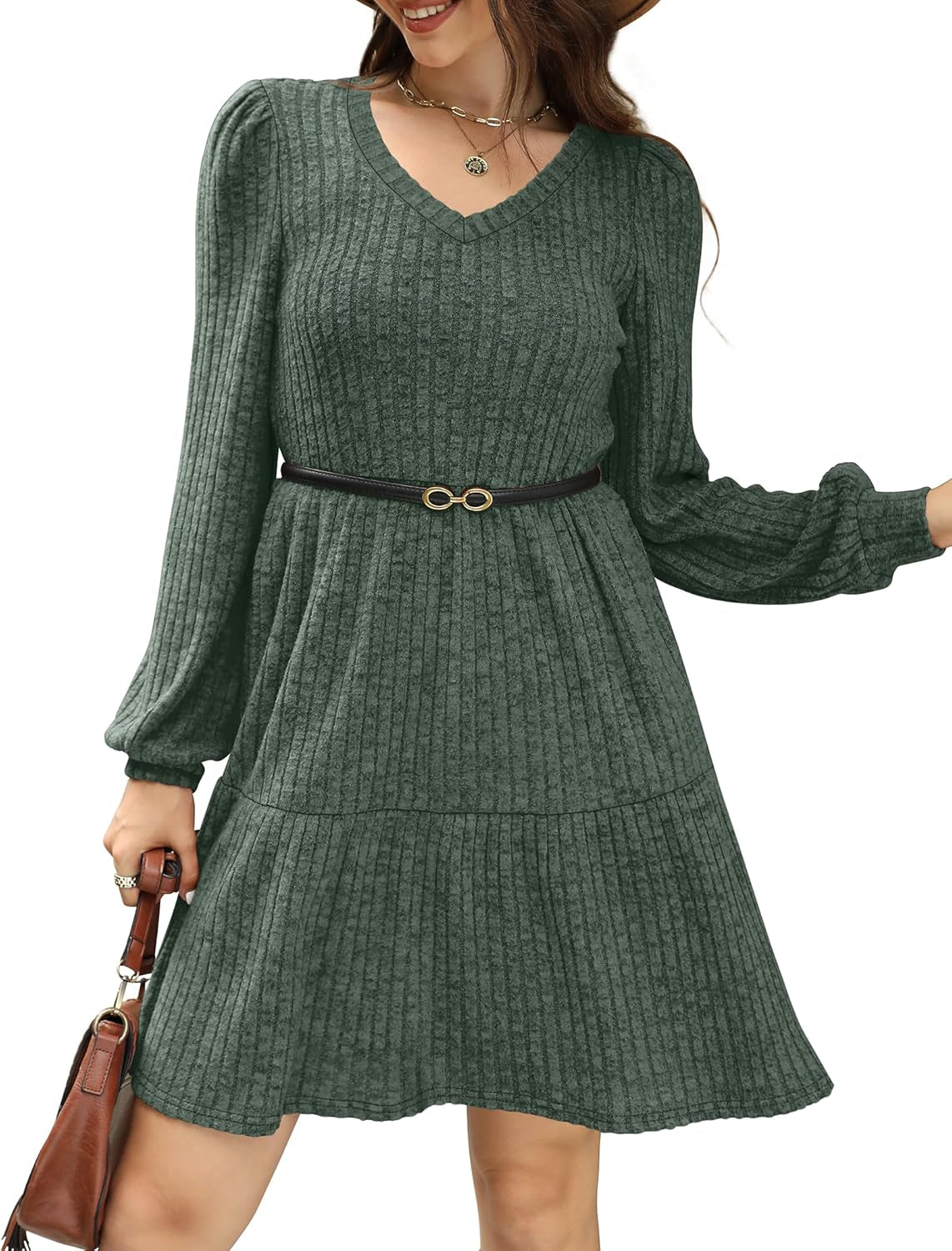 Womens V Neck Long Sleeve Fall Dresses Baby Doll Casual Sweater Dress Fashion Clothes