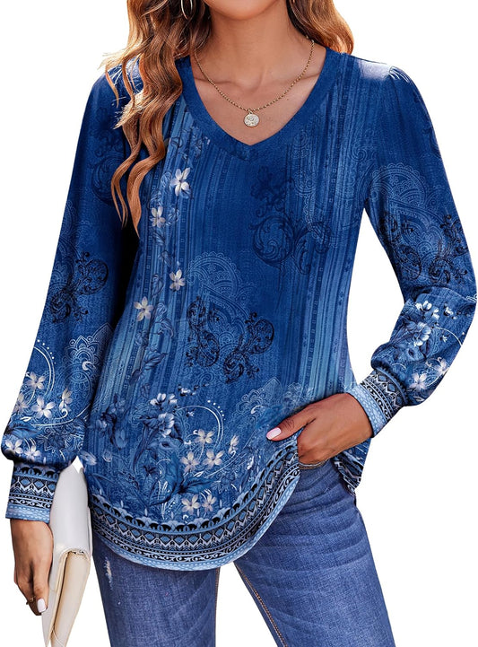 Women'S Puff Long Sleeve Shirts Pleated V Neck Fall Tunic Tops Blouse Dressy Casual Summer T-Shirts