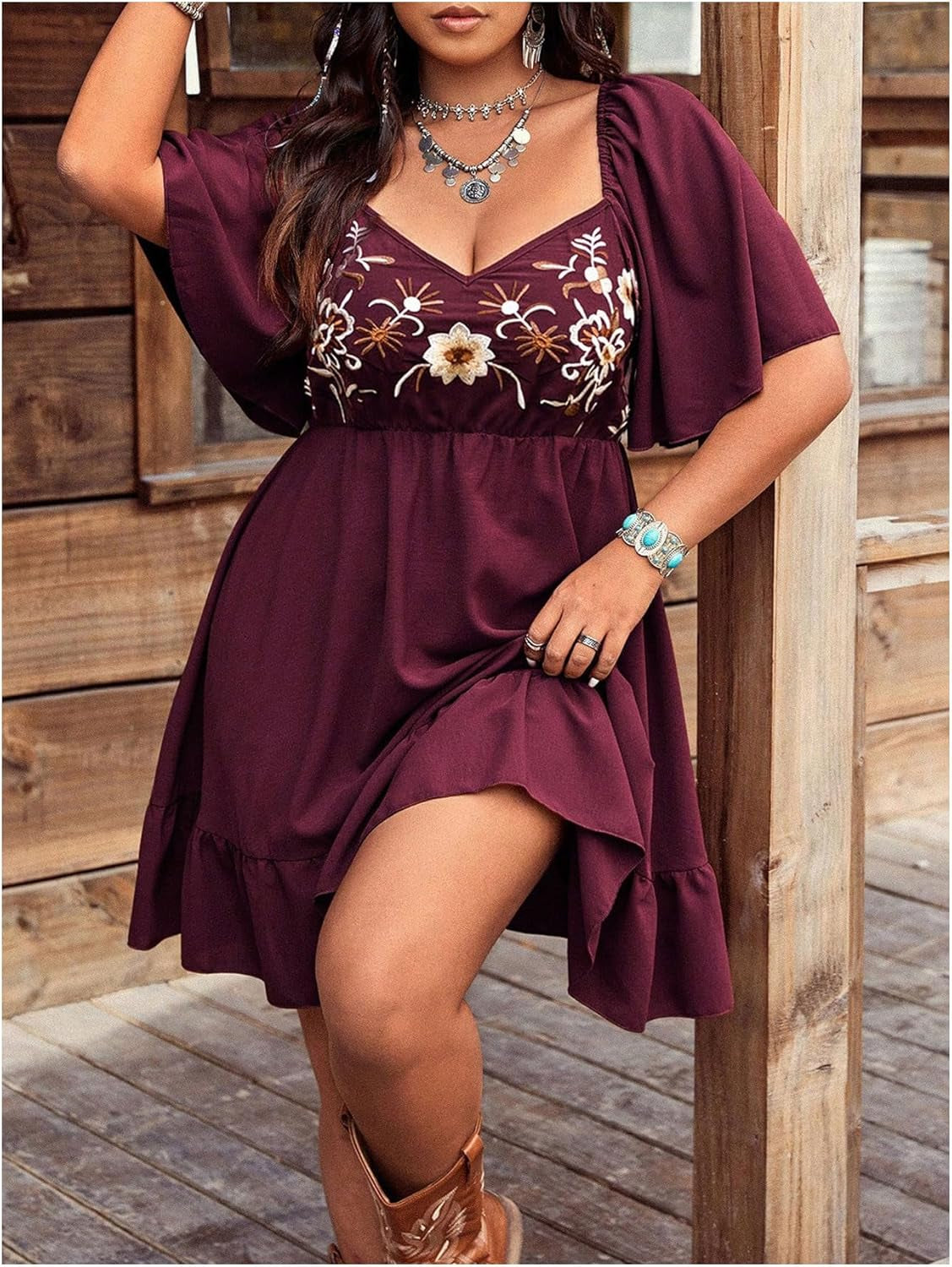 Women'S plus Size Western Boho Floral Flowy Dress Cowgirl Outfits Country Summer a Line Dresses S-4XL