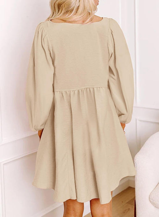 Womens 2025 Casual Dresses Smocked Crewneck Button up Long Sleeve Empire Waist A-Line Mini Dress