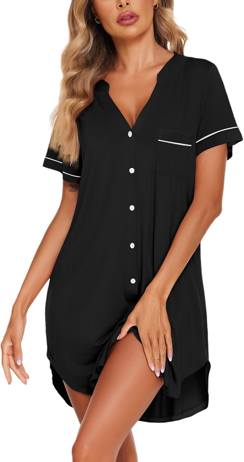 Nightgowns for Women Button down Night Gowns Short Sleeve Sleep Shirt V Neck Nightshirt Soft Sleepwear Pajams Dress