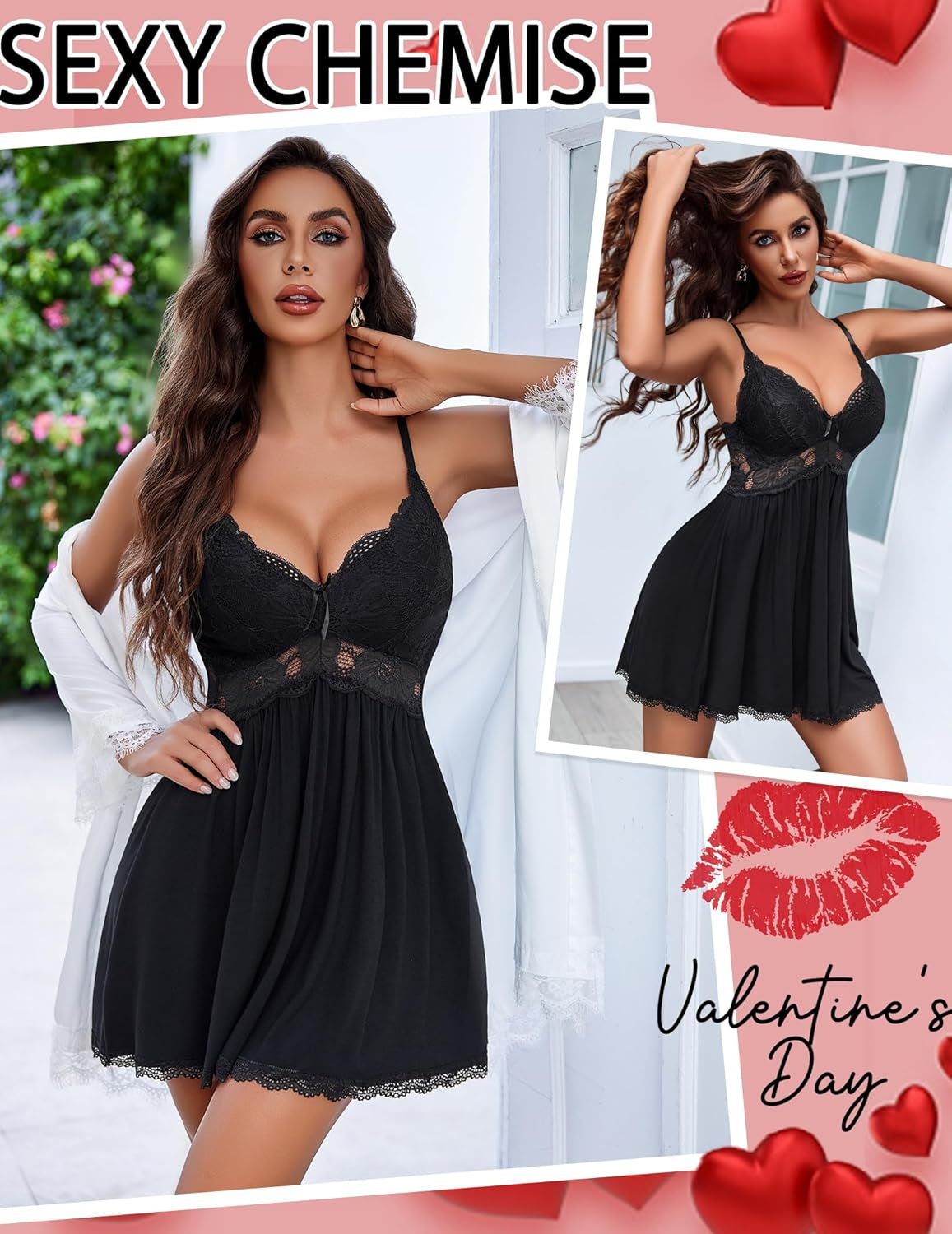 Women Chemise Night Gown Lace Modal Sleepwear V-Neck Full Slip Babydoll Lingerie Sexy Nightgowns