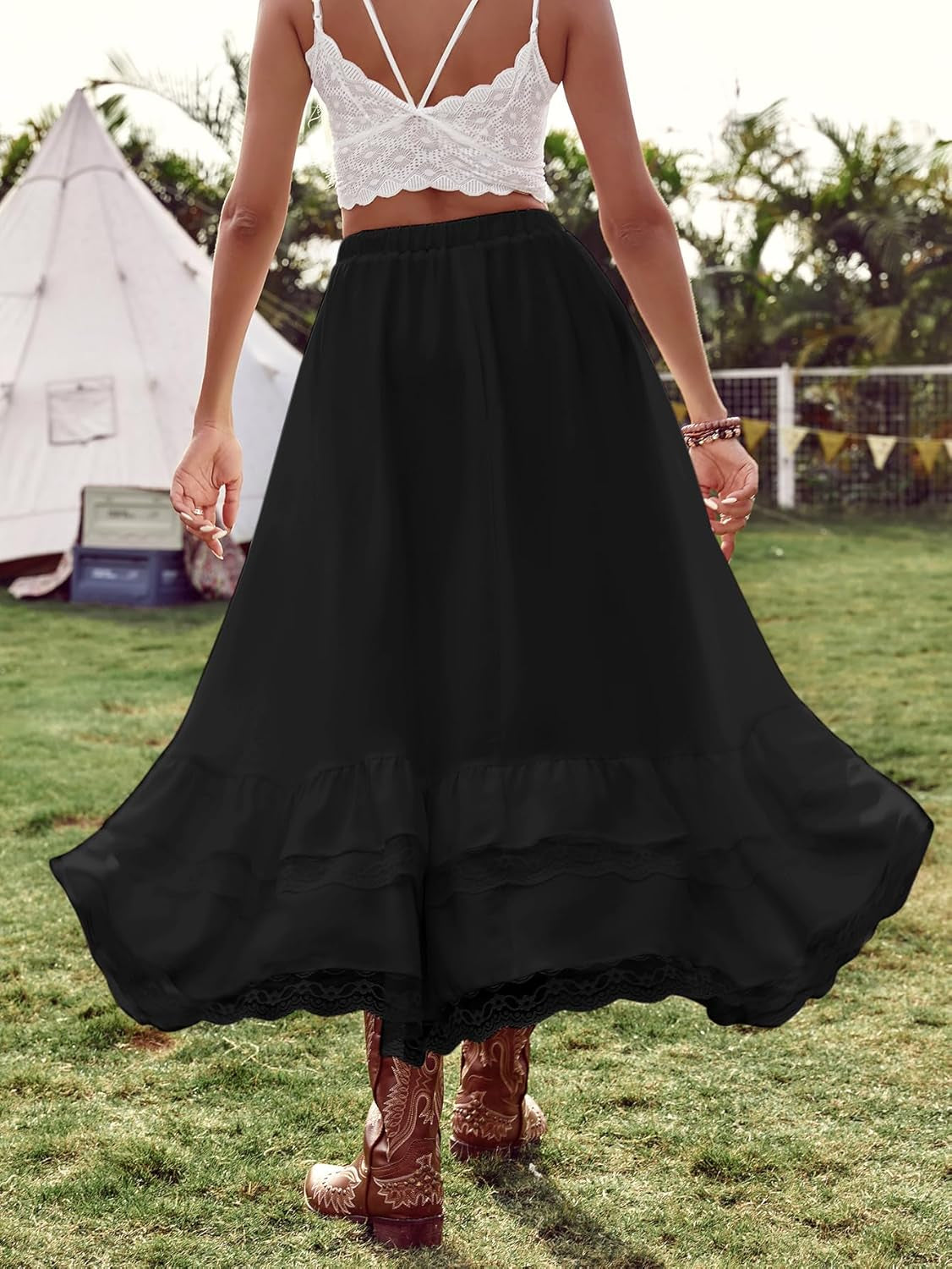 Women'S Western Boho Lace Ruffle Skirt Asymmetrical Country Cowgirl Skirts