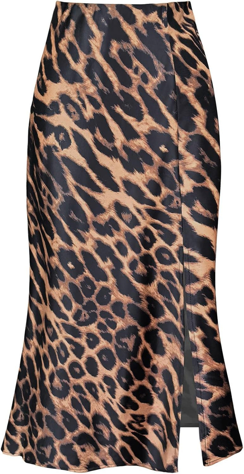Women'S Side Slit a Line Satin Midi Skirt Elastic High Waisted Cheetah Leopard Print Silk Long Skirts for Women