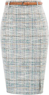 Women'S Tweed Pencil Skirt Knee Length High Waisted Skirts with Slit Elegant Skirts with Belt
