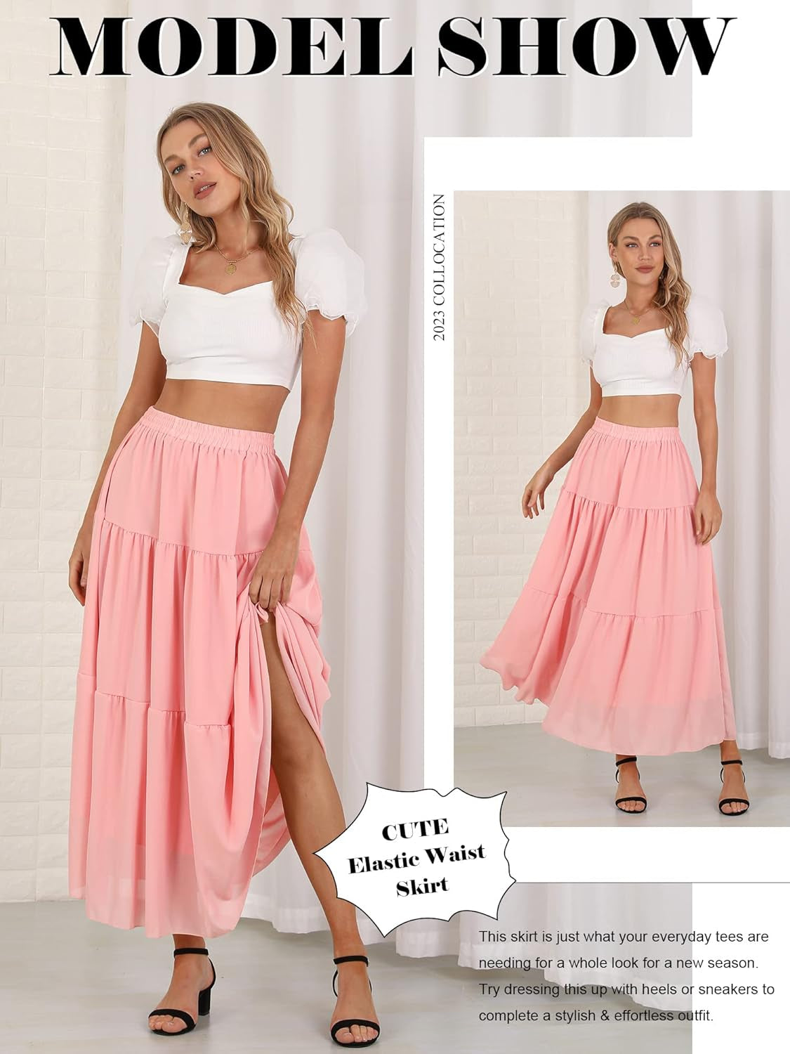 Womens Chiffon Maxi A-Line Skirts Elastic High Waist Ruffle Beach Long Flowy Skirt
