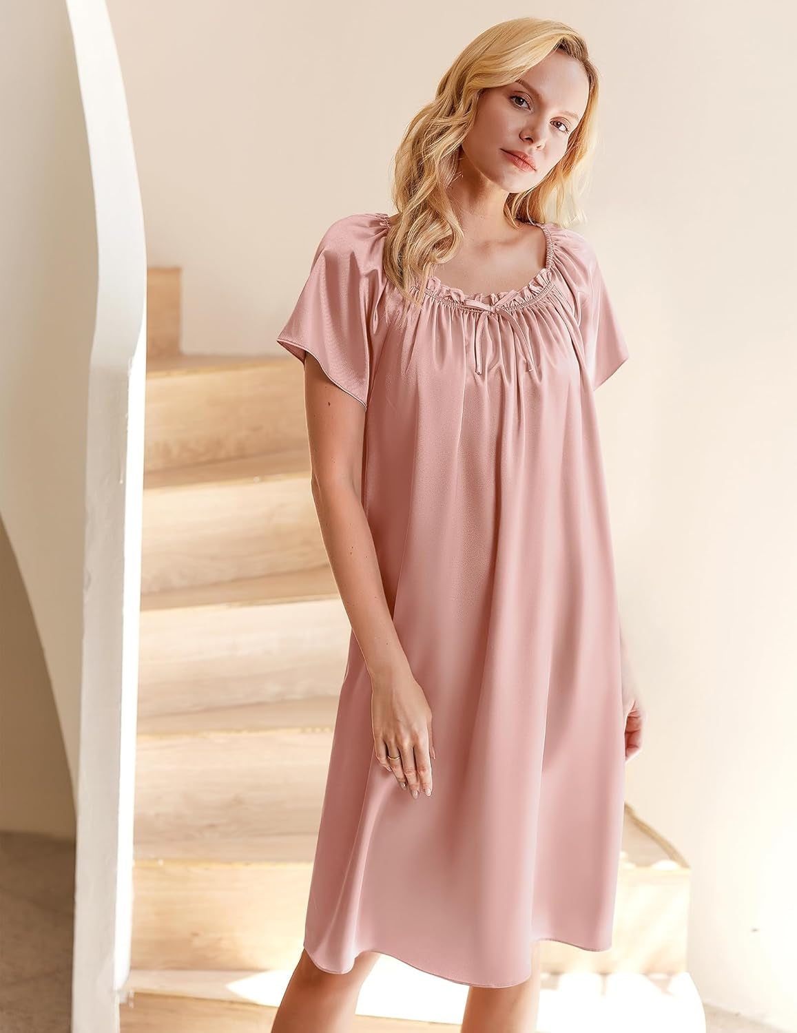 Women'S Satin Silk Pleated Nightgown Loose Sleepwear Printed Nightshirt Short Sleeve Sleep Dress