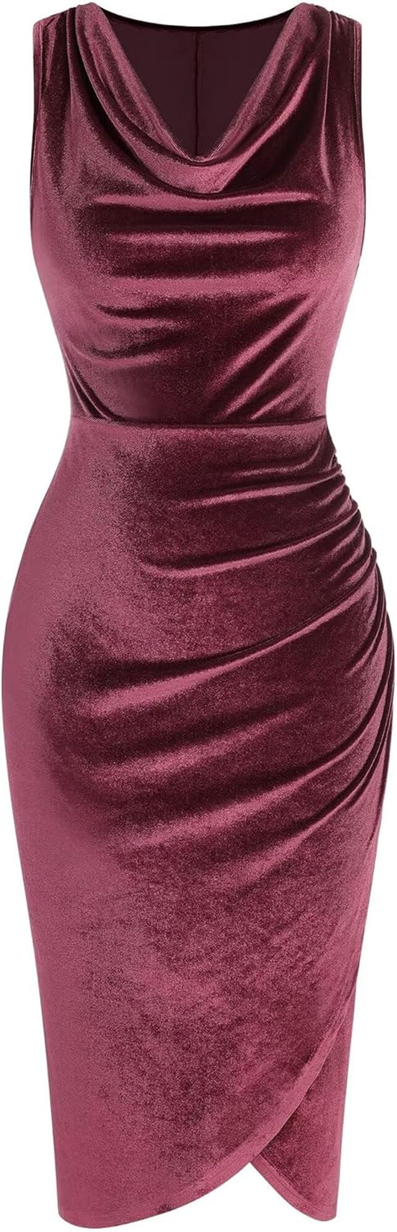 Womens Sleeveless Velvet Cocktail Dresses Cowl Neck Party Midi Wedding Guest Dress Ruched Slit Bodycon Dress