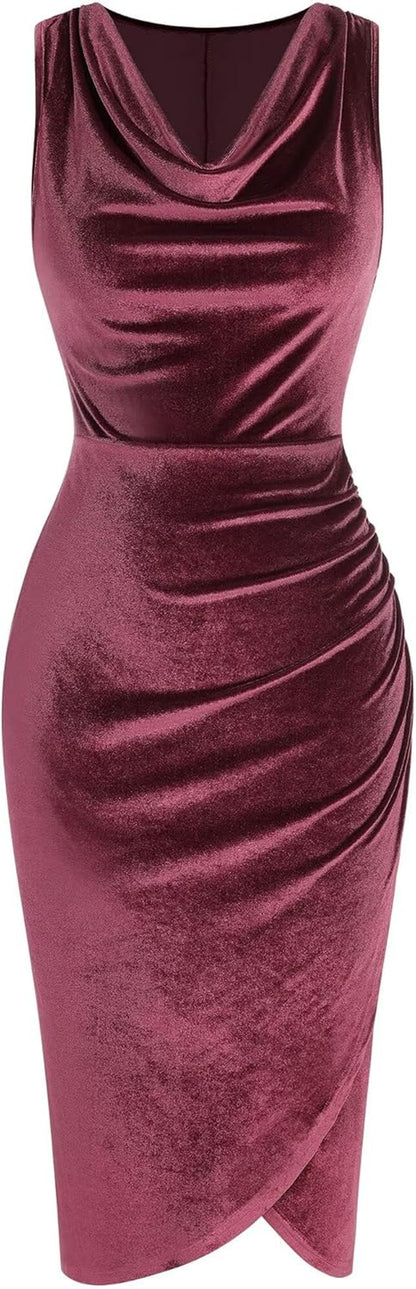 Womens Sleeveless Velvet Cocktail Dresses Cowl Neck Party Midi Wedding Guest Dress Ruched Slit Bodycon Dress