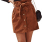 Women Paperbag High Waist Elastic Belted Corduroy Button Front with Pockets Short Mini Skirt