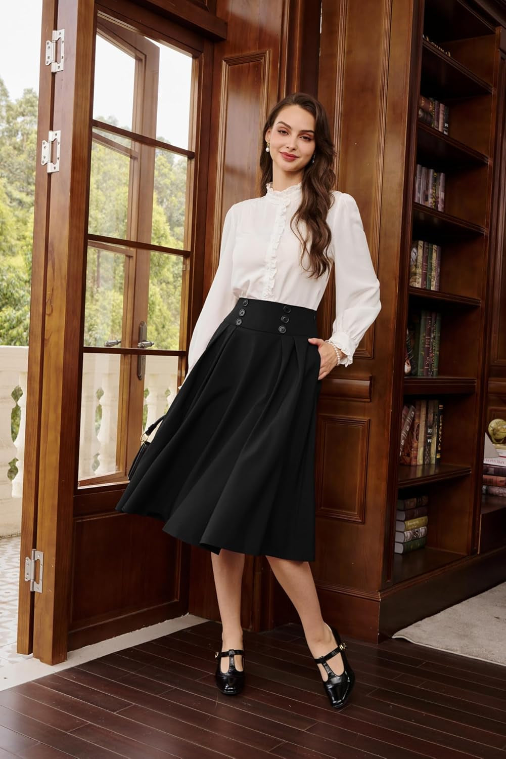 Women'S Vintage High Waist Pleated Midi A-Line Skirt with Pockets
