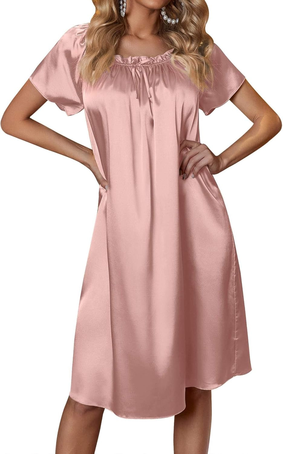 Women'S Satin Silk Pleated Nightgown Loose Sleepwear Printed Nightshirt Short Sleeve Sleep Dress