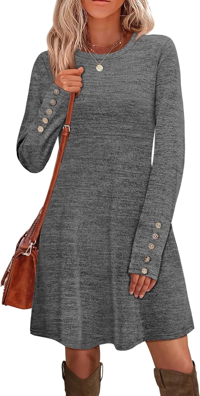 Long Sleeve Dress for Women Crew Neck Tunic Dress with Pockets Decorative Buttons