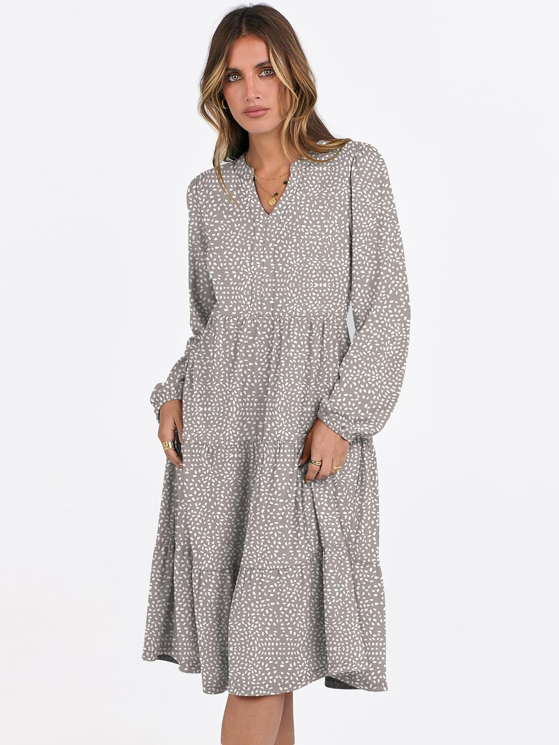 Long Sleeve Midi Dresses for Women V Neck 2025 Fall Fashion Casual Loose Fit Flowy Swing Tiered Vacation Boho Dress