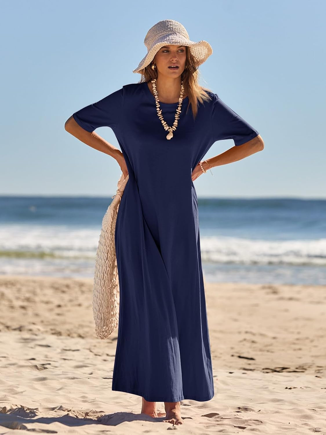 Women'S 2025 Summer Maxi Dress Casual Short Sleeve Beach Vacation Crewneck Basic Long T Shirt Dresses