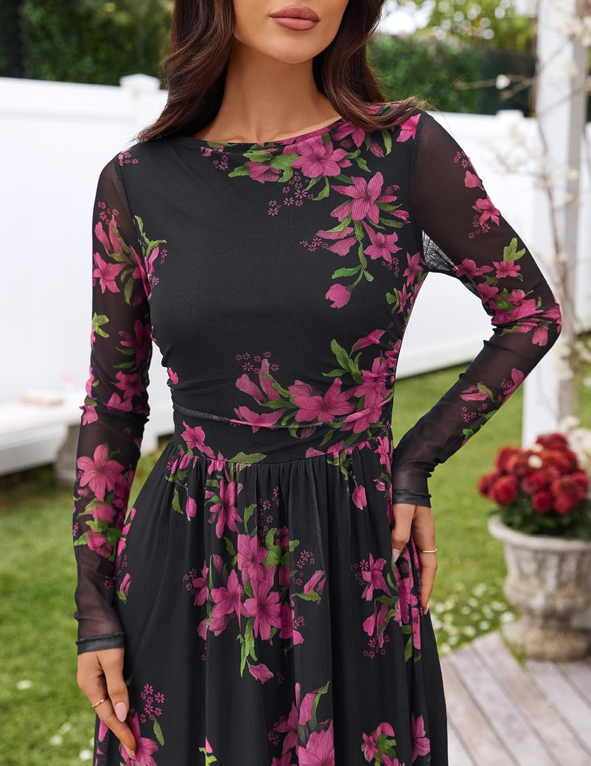 Women'S Long Sleeve Fall Wedding Guest Dress 2025 Crewneck Floral Flowy Mesh Cocktail Maxi Dresses