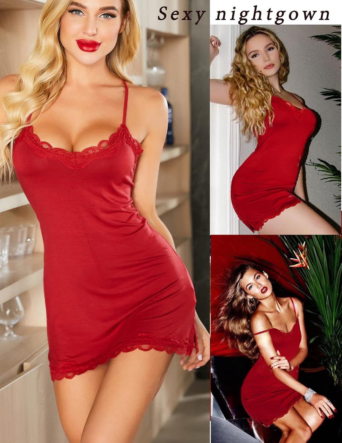 Womens Nightgown Sexy Lace Sleepwear V Neck Full Slip Chemise Lingerie Cotton Night Gowns Babydoll Sleepshirt